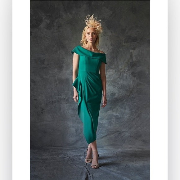 Betsy & Adam Off-the-Shoulder Stretch Crepe Drape Front Sheath Midi Dress - Picture 3 of 7